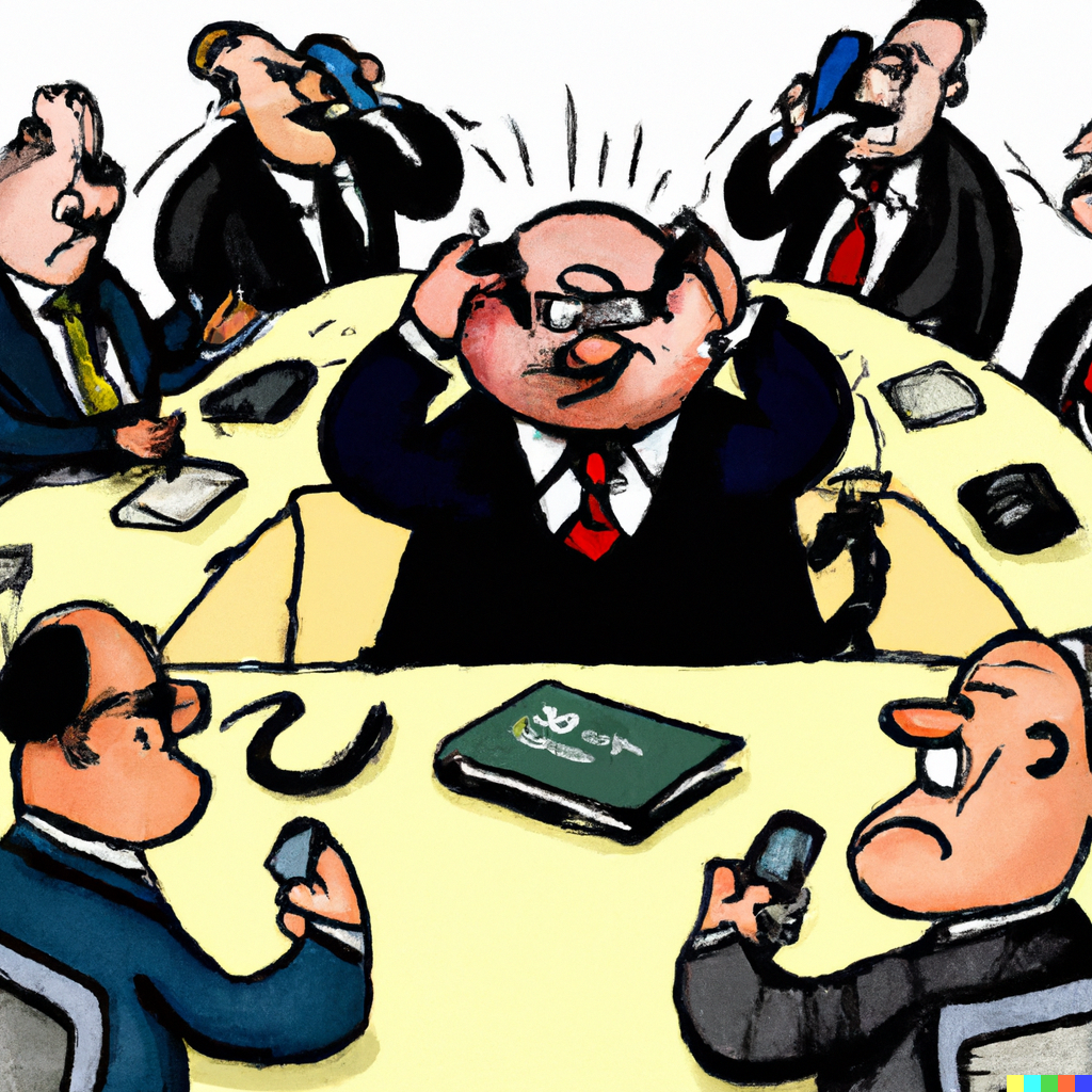 DALL·E 2023-02-20 13.02.43 - a ceo and his management groupe on the phone with a headake as a cartoon